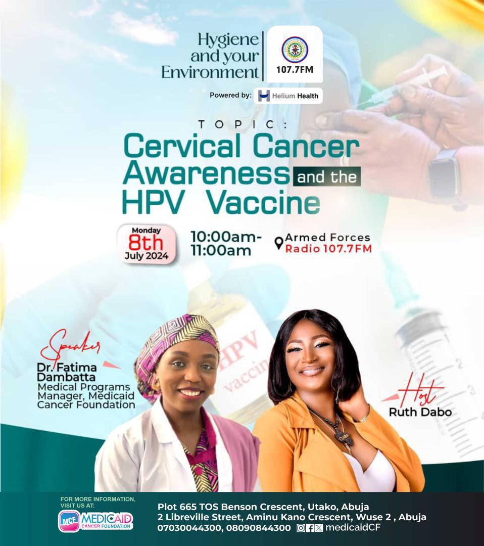 MedicaidcfP's tweet photo. Tune in on Monday to Armed Forces Radio 107.7FM! @Afrs1077Fm 
We @MedicaidcfP will be leading a discussion on Cervical Cancer Awareness and the HPV Vaccine. We'll debunk common myths and share crucial information you won’t want to miss! 
Join us on the 8th July 2024, at 10am.
Live on the show:
Ruth Dabo - Host
Dr. Fatima Dambatta - Medical Program Manager, Medicaid Cancer Foundation

Let's ensure every woman, especially our young girls aged 9-14, gets vaccinated to protect them from HPV-related diseases.

Tune in to Armed Forces Radio 107.7 and be a part of this vital conversation!

Sponsored by @HeliumHealth 

#CervicalCancer #HPVvaccine #Awareness #LiveRadio #MedicaidCancerFoundation #TuneIn #HealthEducation #CancerAwareness