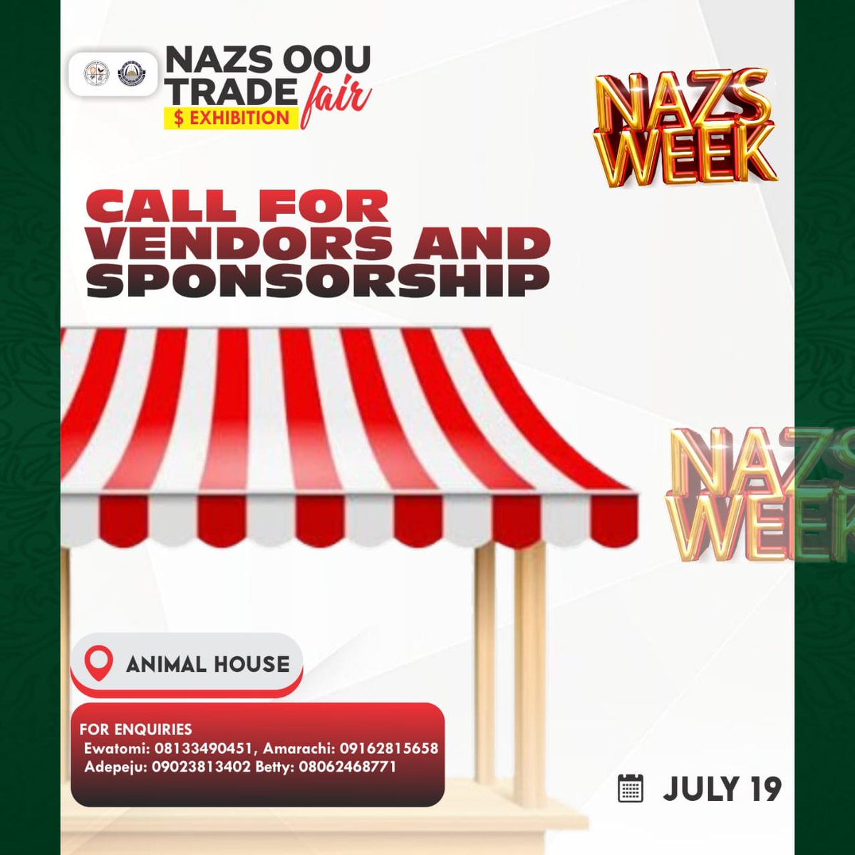 NAZS_OOU's tweet photo. Get ready for an exciting and engaging week ahead! π Our upcoming "NAZS WEEK" is packed with activities, and team-building events. Letβs make the most of it together! #DepartmentWeek https://t.co/foli5O13mb