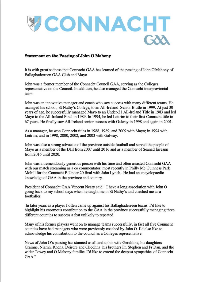 ConnachtGAA's tweet photo. Connacht statement on the sad passing of Connacht GAA Great John O'Mahony . #gaa #ConnachtGAA https://t.co/TtxnJA4LFd