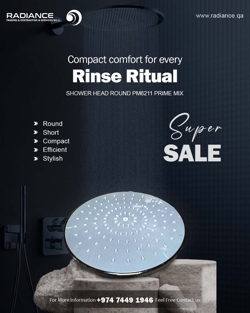 Radiance Qatar new  Shower Head Round PM6211 PRIME MIX! Elevate your daily routine with its modern design and refreshing water flow. Easy to install and built for durability, enjoy a luxurious shower experience every time. 
visit radiance.qa call +974 7449 1946.