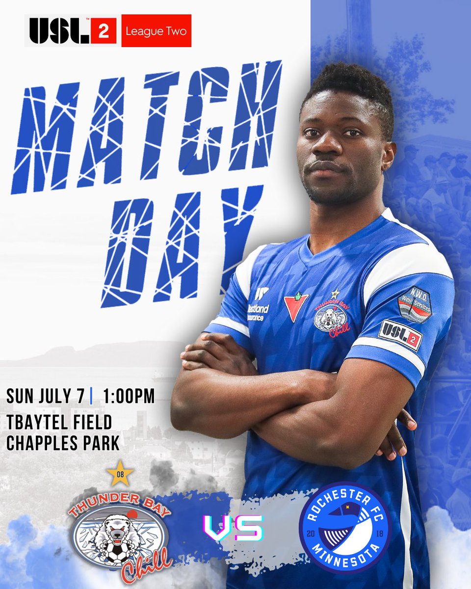 ThunderBayChill's tweet photo. 🚨Match Day🚨

Match day! ⚽️ Today we clash with Rochester FC 🦢. Come out and support the team—your energy makes all the difference!⚡️

Today’s game is awards night and “Fan Appreciation Night”! Stick around after the game for our season awards, and to get your favourite players autograph! 🏅✍🏻

🏆: USL 2
🆚: Rochester FC
🏟️: Tbaytel Field @ Chapples Park
⏰: 1:00 PM (EST)
📍: Thunder Bay, Ontario
💻: https://t.co/Uo4SogmBU6
🎟️: https://t.co/t5pWQieoDw

#LetsGoChill🐻‍❄️ | #WorkHarder😤 | #Path2Pro | #ThunderBayChill🌩️