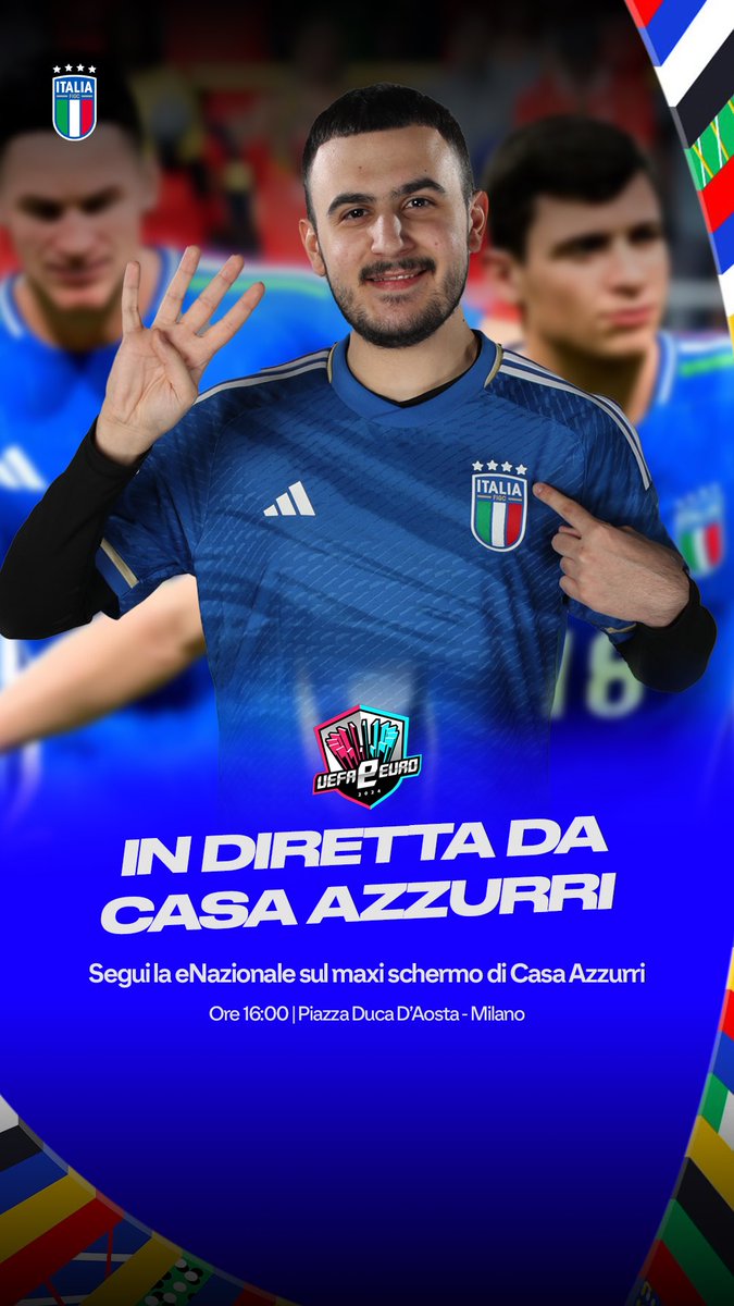 Segui la fase finale di #UEFAeEURO2024 sul maxi schermo di Casa Azzurri a Milano.

Dalle 16:00 potrai assistere ai primi quarti di finale in attesa del match di <a href="/obrun2002/">Obrun2002</a> alle 18:00 contro la Norvegia!

#eNazionale #FC24 <a href="/Azzurri/">Nazionale Italiana ⭐️⭐️⭐️⭐️</a>