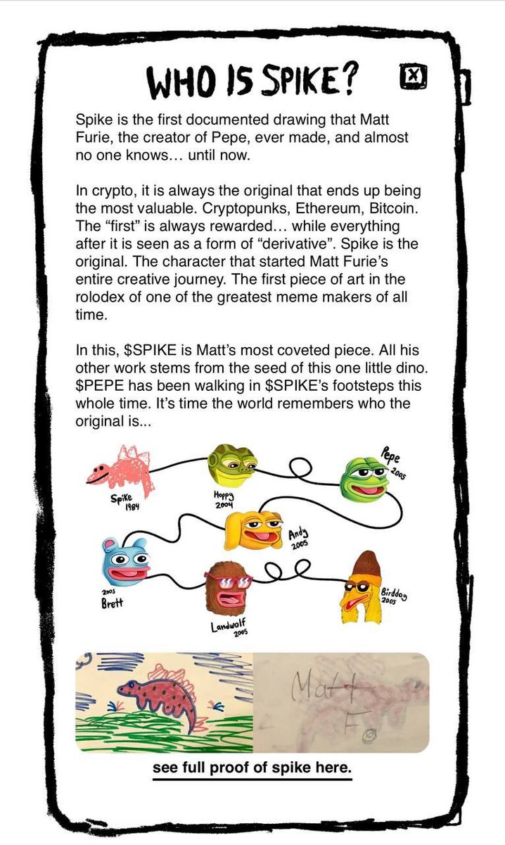 My name is $Spike

I’m the Matt Furie that started it all

$hoppy is a derivative of me
$pepe is a derivative of me
$brett is a derivative of me
$wolf is a derivative of me

I’m the original king made in 1984