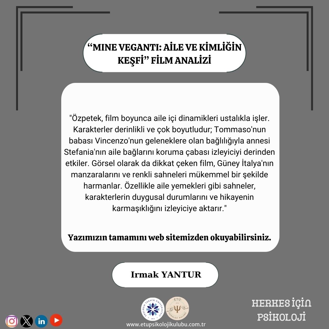 ETÜPK Sosyal Medya Komisyon Üyesi IRMAK YANTUR’UN “MINE VEGANTI: Aile ve Kimliğin Keşfi” adlı film analizi yazısı web sayfamızda yayınlanmıştır.✨🤩

Web sitemizi ziyaret ederek yazımızın tamamına ulaşabilirsiniz. 
Web sitemize biyografimizdeki linkten ulaşabilirsiniz.