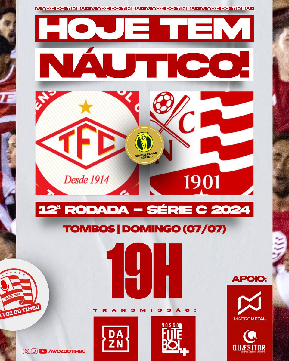 avozdotimbu's tweet photo. HOJE TEM NÁUTICO! #PraCimaDelesTimbu 🇦🇹
🆚 Tombense/MG x Náutico
🏆 Campeonato Brasileiro Série C 2024
🏁 12ª Rodada
📅 Domingo (07/07)
⏰ 19h
📍 Tombos
📺 DAZN e Nosso Futebol
Apoio: @macrometalbr | @mundoquaesitor
#AVozDoTimbu 📢🐭 https://t.co/9eI89HJD3B