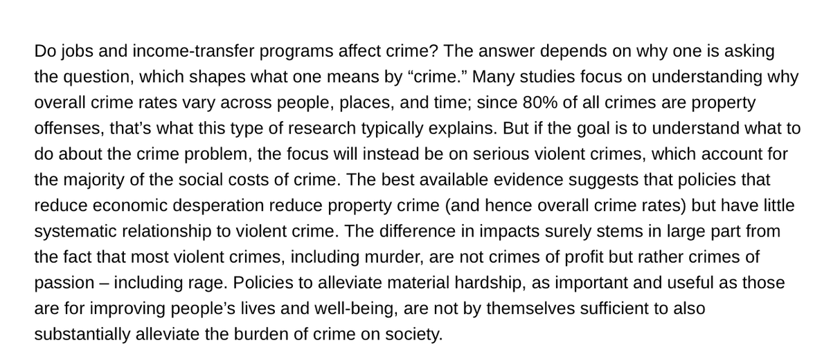 Jennifer Doleac (@jenniferdoleac) on Twitter photo Yesterday I had a chance to read this recent piece by Jens Ludwig and <a href="/KSchnepel/">Kevin Schnepel</a> - top Econ of Crime scholars - on whether employment and/or income reduce crime.
"Does nothing stop a bullet like a job? The effects of income on crime"
nber.org/papers/w32297 Yesterday I had a chance to read this recent piece by Jens Ludwig and <a href="/KSchnepel/">Kevin Schnepel</a> - top Econ of Crime scholars - on whether employment and/or income reduce crime.
"Does nothing stop a bullet like a job? The effects of income on crime"
nber.org/papers/w32297