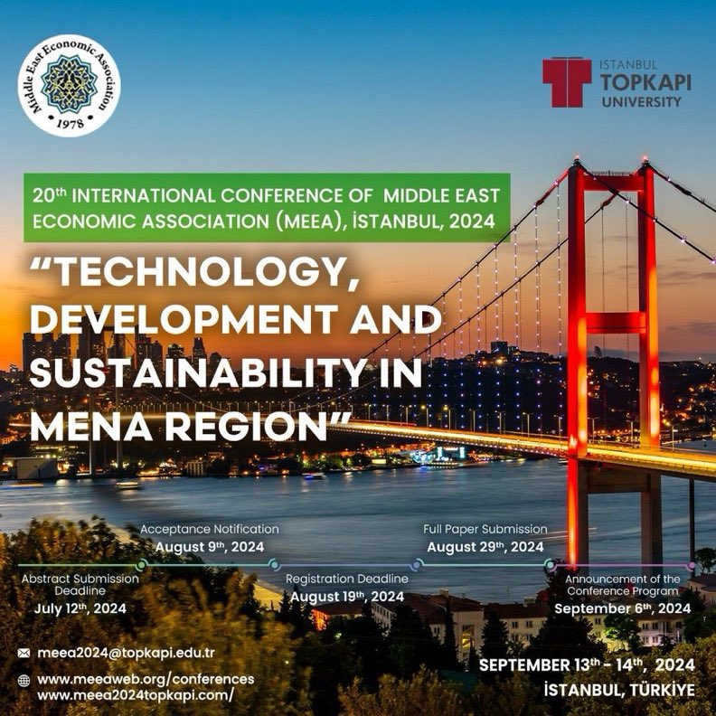 ErhanAslanoglu's tweet photo. Konferansımız yaklaşıyor.

Middle East Economic Association’ın (MEEA) 20. Uluslararası Konferansına İstanbul Topkapı Üniversitesi olarak bu yıl ev sahipliği yapıyoruz. 

13-14 Eylül 2024 tarihlerinde İstanbul’da gerçekleştirilecek konferansa ilişkin detaylı bilgilere https://t.co/yAijJrw1IX
adresinden ulaşabilirsiniz. 

Yurtiçi ve Yurtdışından çok sayıda değerli iktisatçı ve sosyal bilimcinin katılacağı bu konferansa tüm meslektaşlarımızı ve konuyla ilgilenenleri bekliyoruz.
#MEEA2024ISTANBUL  @TopkapiUniv @emrealkin1969