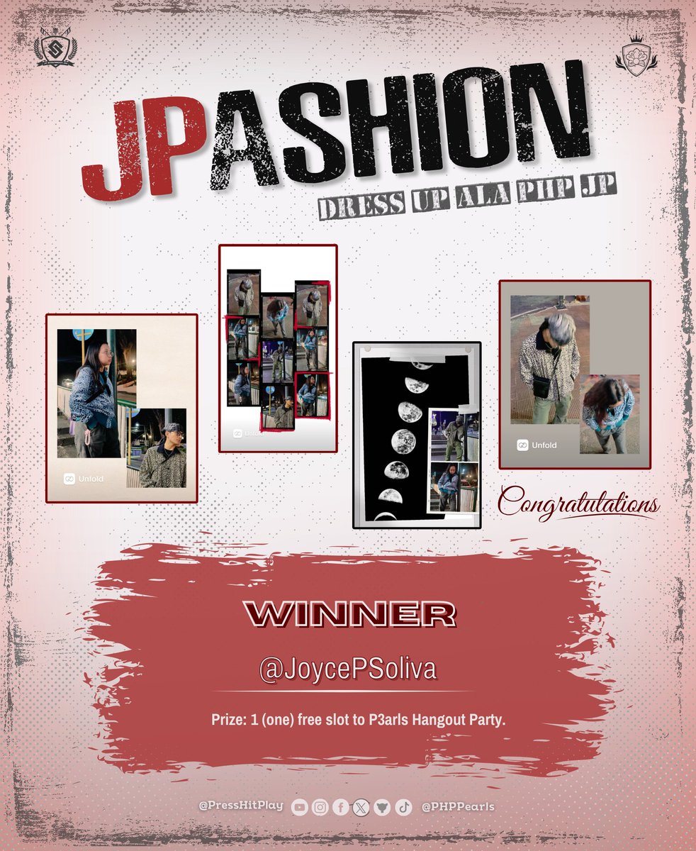 PHPPearls's tweet photo. [JPashion: Dress up ala PHP JP]

Congratulations to the winner of (1) one FREE SLOT to Pearls' 3rd Anniversary Event - P3ARLS HANGOUT PARTY! 🥳 

You indeed dress up ala JP! Kindly send us a DM. ❤️

HAPPY BIRTHDAY PHP JP
#JPecialDay
#PRESS_HIT_PLAY #PHP_JP
@PressHitPlay @JPsoliva https://t.co/JXdznEnenr