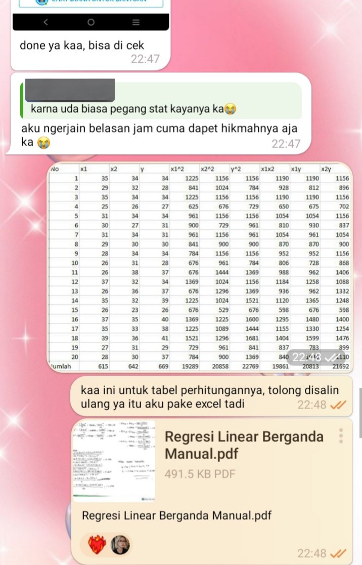 hearttoruto's tweet photo. • Uji Oneway anova Skripsi Bab 4
• Uji Regresi Linear Berganda perhitungan manual

#jokistatistika https://t.co/0eP0kg0Qym
