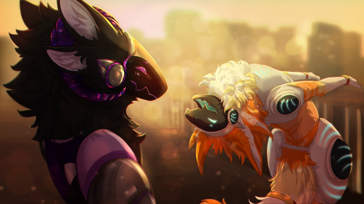 Gift art 2/2 
another piece from the same friend that made me so happy. Featuring his big tank of a protogen Nacht on the left and my orange tabby protogen Atlas on the right. The artist drew my boys goofy personality well and I can hear him makin ekekek cat sounds
🎨 Rayminonfox