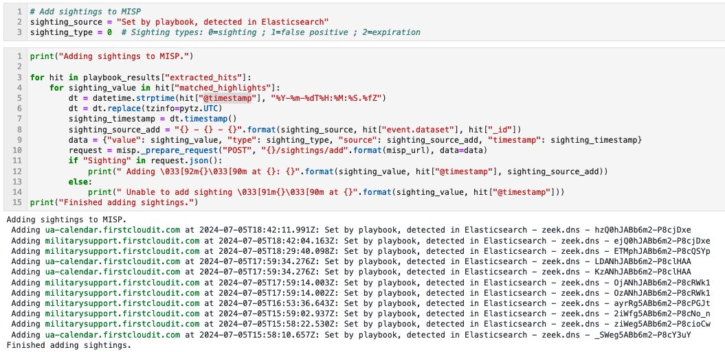 cudeso's tweet photo. Kick off the week with a new @MISPProject  playbook! Query Elasticsearch @elastic for threat intelligence from custom MISP searches, plot the results in a graph, report sightings in MISP, and send a summary to Mattermost. #cti #automation #playbooks https://t.co/NzaCjO7mWz https://t.co/No9QLhPZSQ