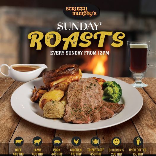 It's a beautiful Sunday for a delicious roast! 🍗🌞 Choose from Chicken, Pork, Beef, Lamb, or Triple Taste. Add an Irish Coffee for only 150 Baht ☕  Every Sunday from 12 noon <a href="/ScruffyMurphyTH/">Scruffy Murphy's Irish Pub Bangkok</a>
