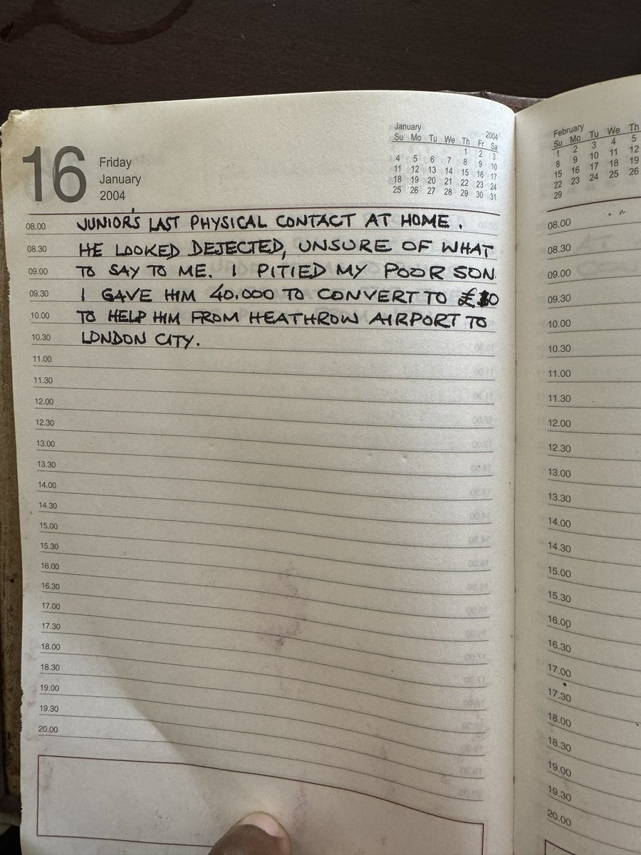 My father gave me his diaries to read. What a man!! I have found an entry of the day I went to the UK to hustle. 2004!! I never had a clue what was going to happen to me. Today I look back and I am filed with gratitude. He gave me 40k to change to £10. This marked the beginning