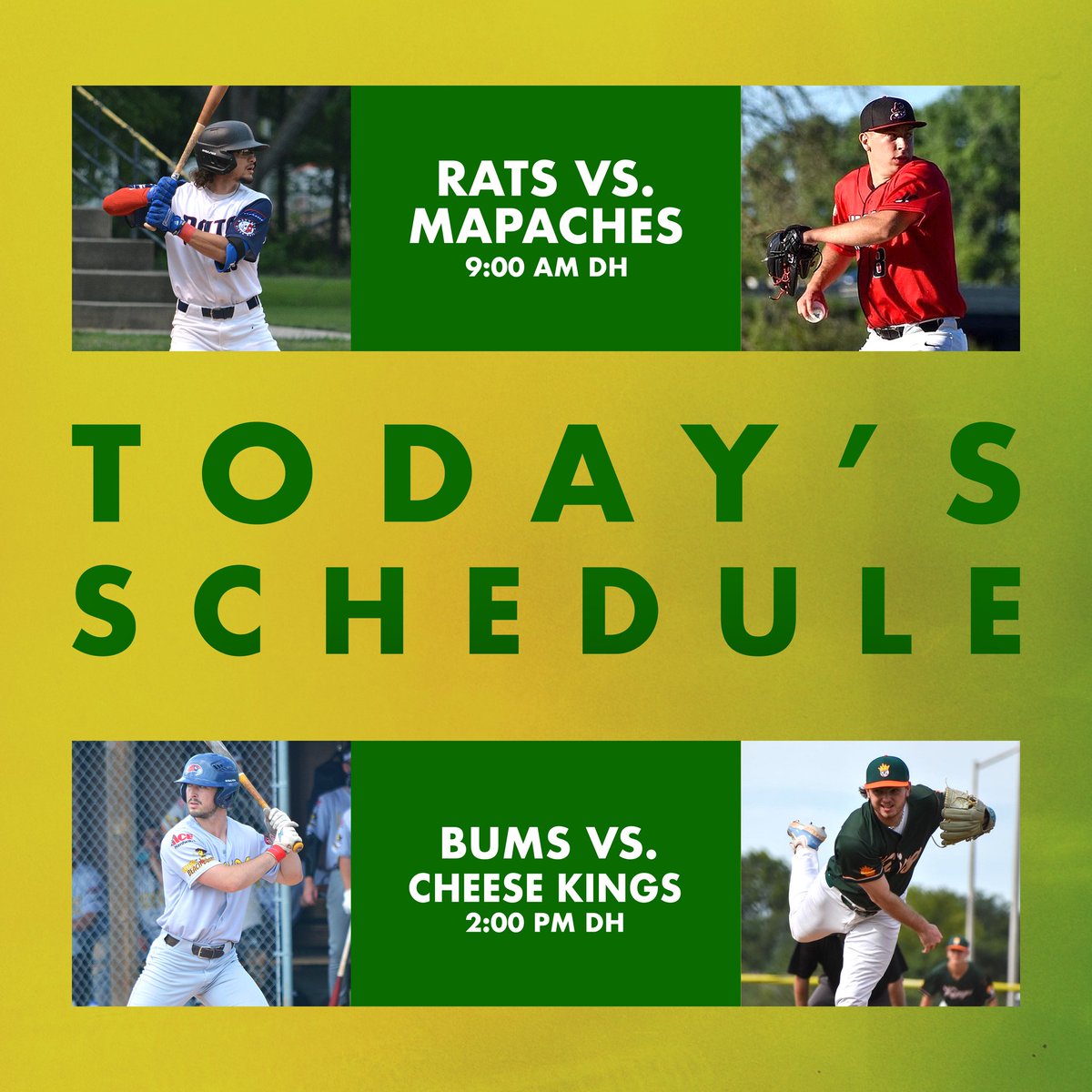 FULL slate of Dairyland baseball today in Oconomowoc!

Rats vs. Mapaches DOUBLEHEADER | Game 1 @ 9:00 AM

Bums vs. Cheese Kings | Game 1 @ 2:00 PM

All games held at Wisconsin Brewing Co. Park.

See you there! Stream the games through the home team's Gamechanger.