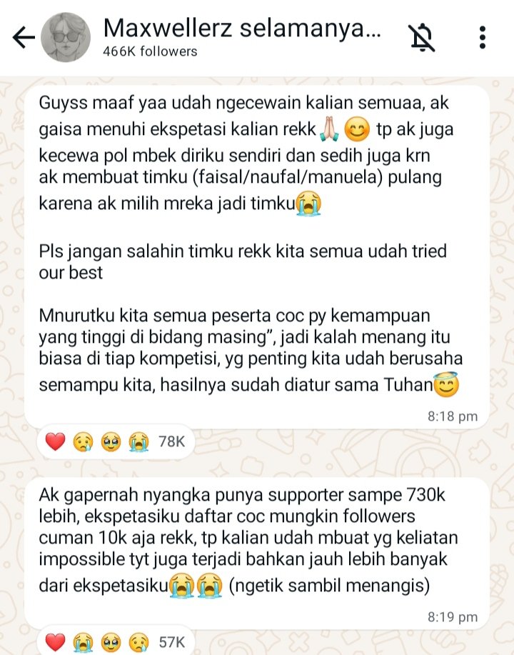 lvlynueng's tweet photo. tapi iki wes keren banget aku cuma butiran debu seng diturunkan di bumi arek-arek iki wes keren bangett aku bangga polll ga isoh diungkapke nggo kata-kata neh 😭💗 tetap semangat #TIMMAXWELL buat maxwell jangan salahin diri sendiri terus yaa matur nuwun wes ngasih yang terbaikkk https://t.co/UnP3MeIFWd