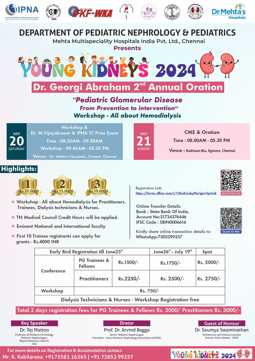 IPNA TC Young kidneys 2024
 Highlights:Prize exam
Orator:Dr.Arvind Bagga 
Key speaker:Dr Tej Mattoo 
Guest of Honour:Dr Soumya Swaminathan(Former Chief scientist-WHO)Join us - 21.07.24 @ Radisson Blu,Egmore,Chennai 
<a href="/IPNA_PedNeph/">IPNA Ped Nephrology</a> <a href="/ASianPNA/">Asian Ped Neph Association</a> <a href="/ISNkidneycare/">Int Society of Nephrology</a> <a href="/Alanepe1/">Alanepe</a> <a href="/ESPNIC_Society/">ESPNIC</a>