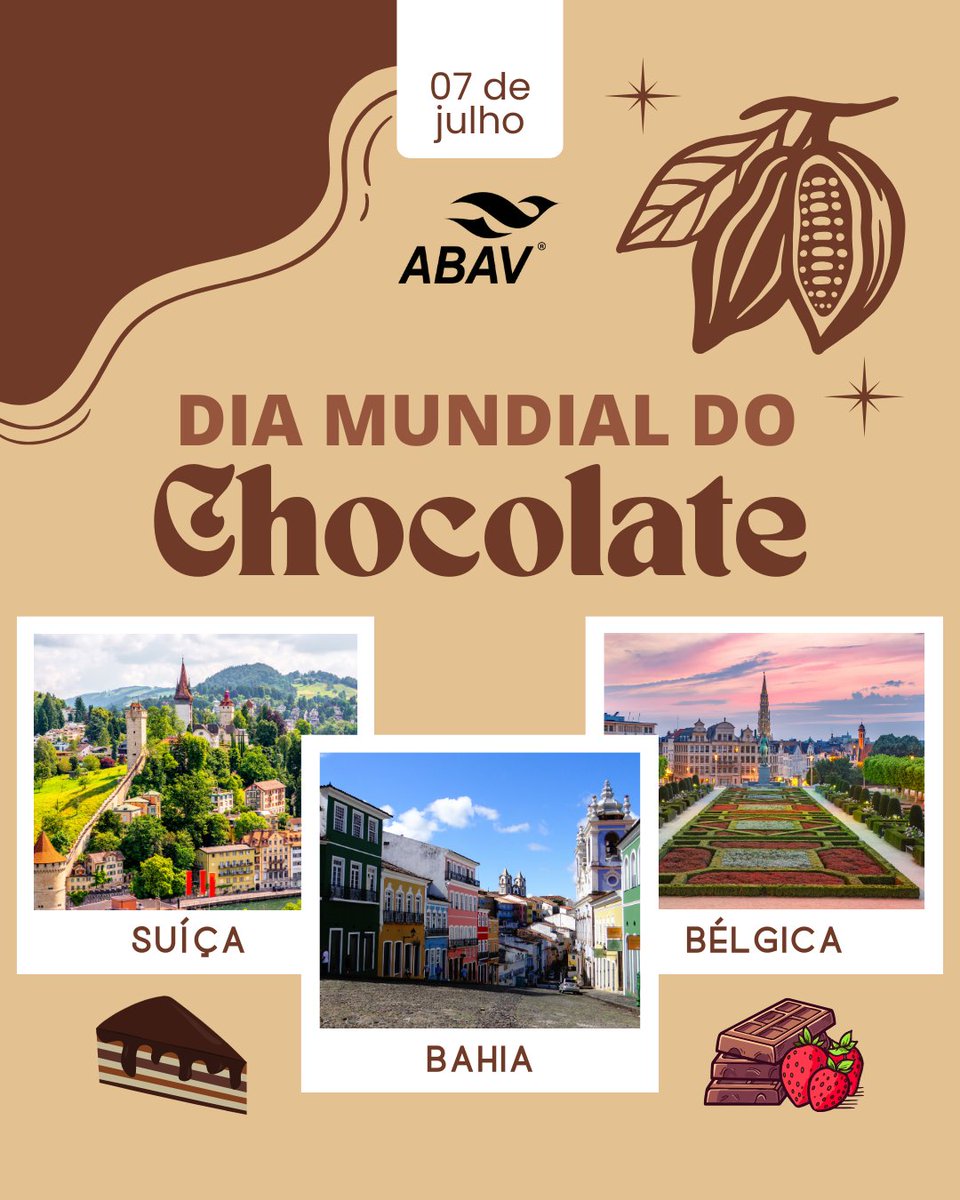 Viajar é bom, mas viajar com chocolate é ainda melhor! 🌍✈️
Descubra destinos onde o chocolate é a estrela do turismo

 #DiaDoChocolate #Turismo  #Chocoturismo #ABAV #ABAVNacional