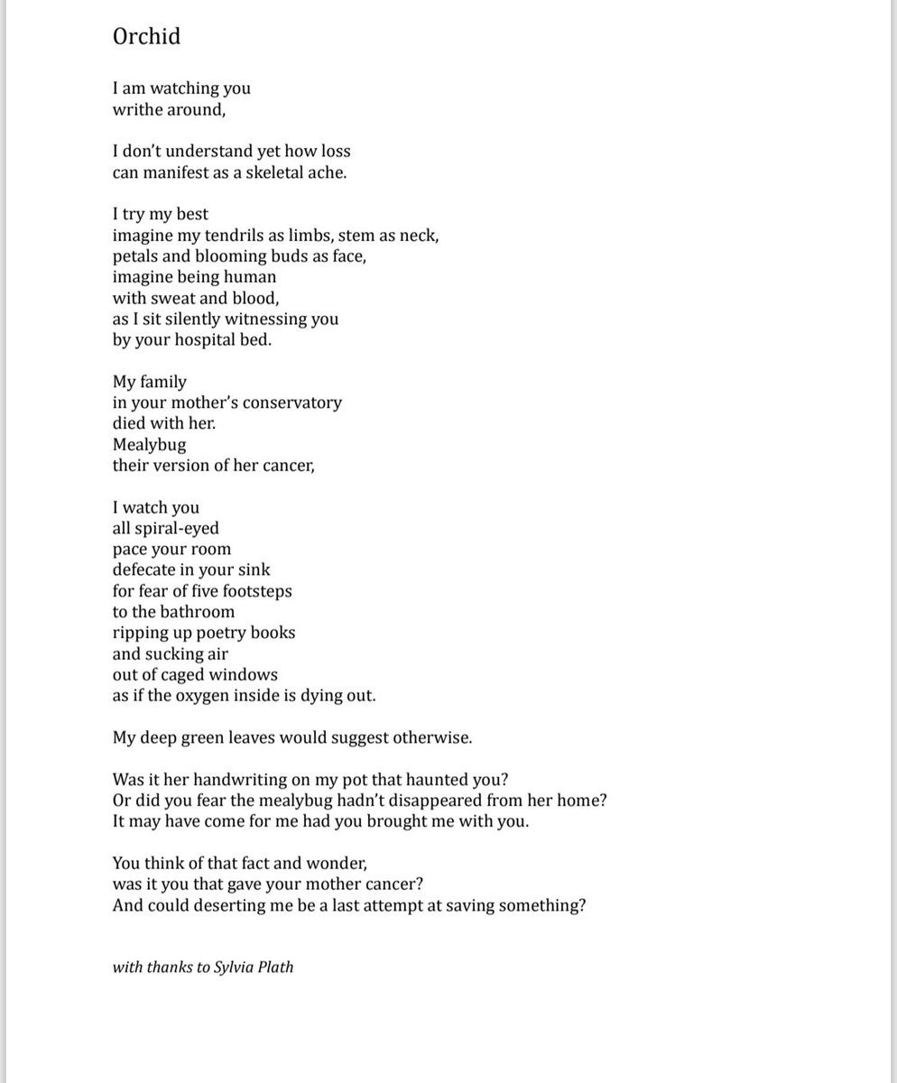 RachelleRubyF's tweet photo. My mother kept orchids. They were finicky things. Always infected with mealy bug. They required constant tending to. In a way grief is like this. Needy &amp; temperamental. 
So I’m working on my first small poetry collection called ‘Orchid’, here is the title #poem : https://t.co/IsKlu04Wnn
