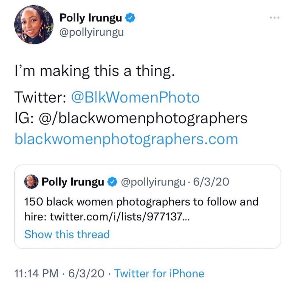 Four years ago, I decided to make Black Women Photographers a “thing.”

In four years, <a href="/BlkWomenPhoto/">Black Women Photographers™️</a> has:

-Distributed $185,000+ in financial grants to Black creatives worldwide
-Distributed $60K+ in camera gear
-Provided hundreds of hours of free education on all things photo