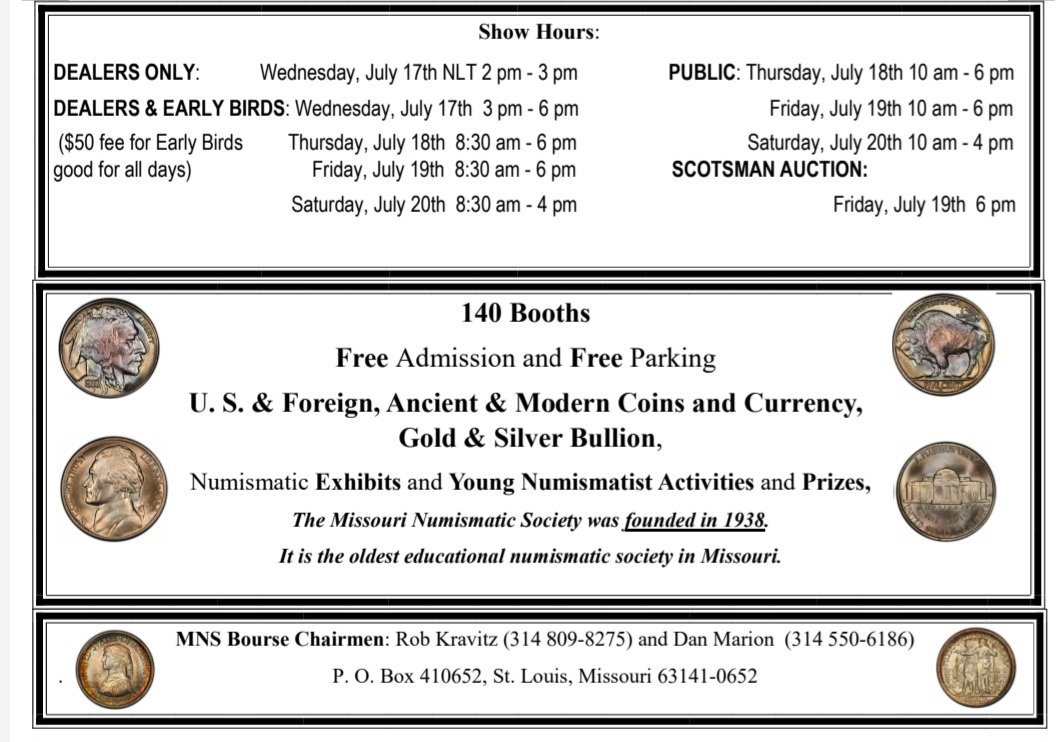oldpapermoney's tweet image. See me in St. Louis! 

Booth #1302

Missouri Numismatic Society 
63rd Annual Coin Show
July 17th to 20th, 2024
St. Charles Convention Center 

missourinumismaticsociety.org

#money #coinshow #USA🇺🇸