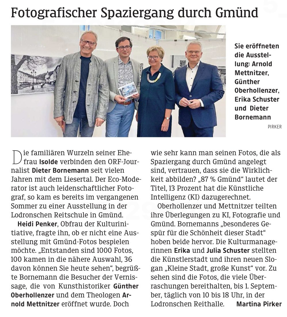 Die „Kleine Zeitung“ <a href="/kleinezeitung/">Kleine Zeitung</a> berichtet in ihrer Sonntags-Ausgabe über die Eröffnung meiner Foto-Ausstellung zum Thema „Künstliche Intelligenz“ #KI
