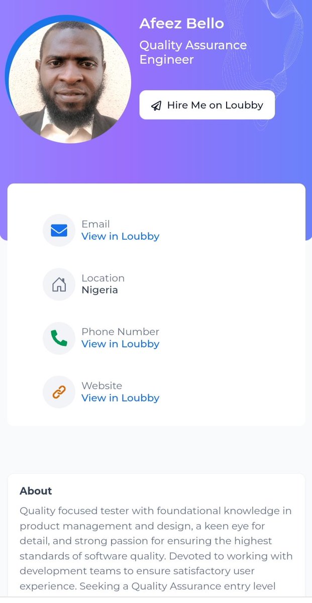 theafeezbello's tweet photo. As a Software Quality Assurance Engineer, I use the @loubby_ai platform to position myself for recruiters in need of my skills. 

@loubby_ai connect talents to recruiters globally.

You can find my profile here
https://t.co/GnYX5kgAAO https://t.co/ZYUt4I5Ikf