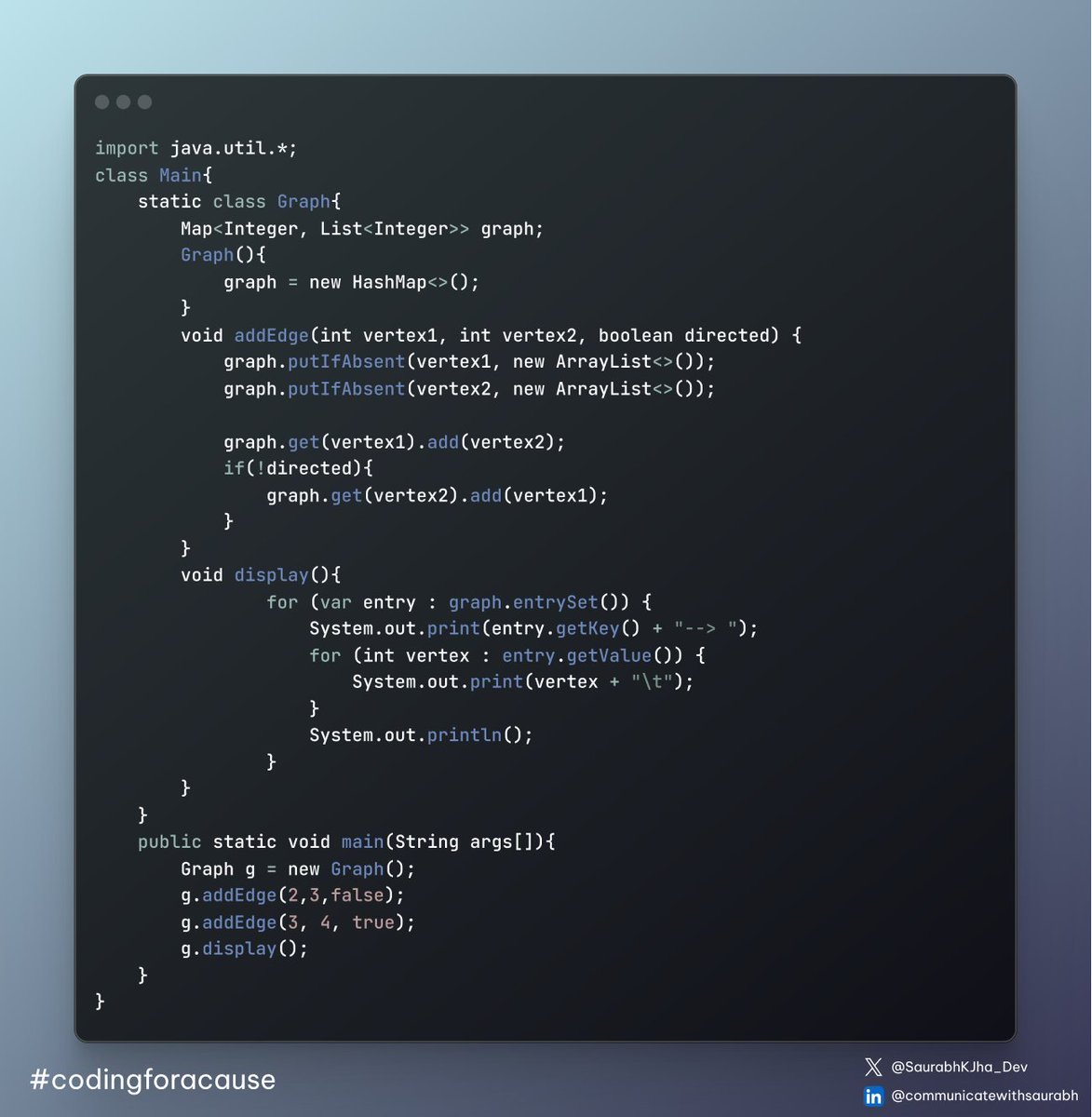 SaurabhKJha_Dev's tweet image. Made my first graph program! Created methods for adding edges and displaying it as an adjacency list. It is #day95 of #100DaysOfDSA challenge.

Love Babbar&apos;s Playlist link : youtube.com/playlist?list=…

#codingforacause #DSAwithKunal #consistency #LeetCode
#coding #100daysofcode