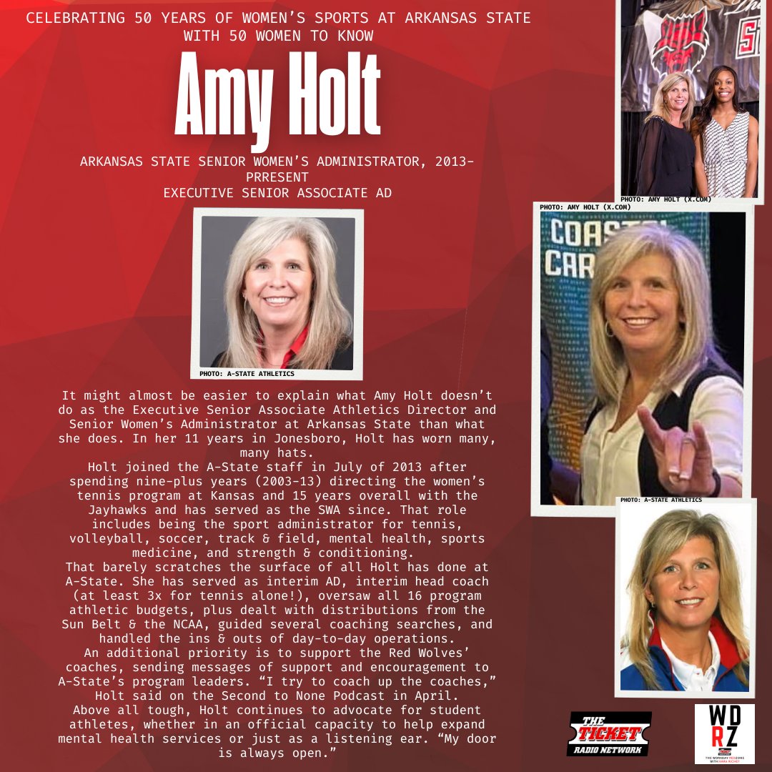 Kara_Richey's tweet photo. Personally, I'm a pretty big Amy Holt fan. After learning more about all she does to encourage student athletes and coach at Arkansas State, I'm gonna go out on a limb and say I'm not alone.

She's today's spotlight on on the list of 50 women to know to celebrate 50 years of women's sports at #AState.