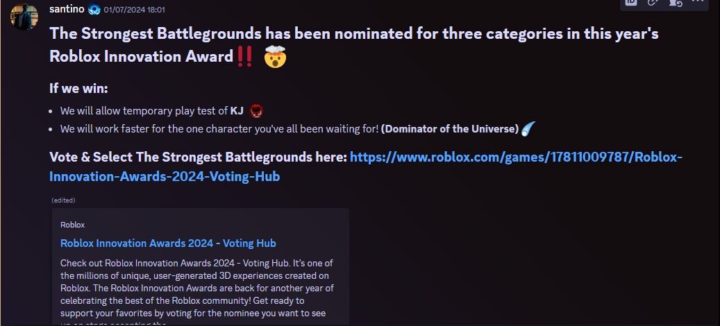 ItzSweaking's tweet photo. They lied about giving out free KJ LMAOOO they just edited the announcement and removed the free KJ. - the strongest battleground

pretty sure kid won’t notice right..?

#Roblox https://t.co/RWQkF8Mur4