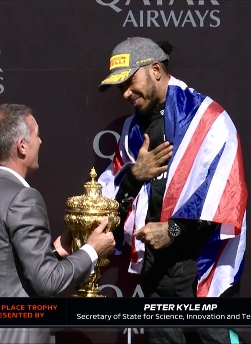 A total privilege to present <a href="/LewisHamilton/">Lewis Hamilton</a> with the winners trophy today.

A true champion who’s a credit to his sport and country.

F1 drives innovation, creates incredible high skilled jobs and boosts our reputation around the world.