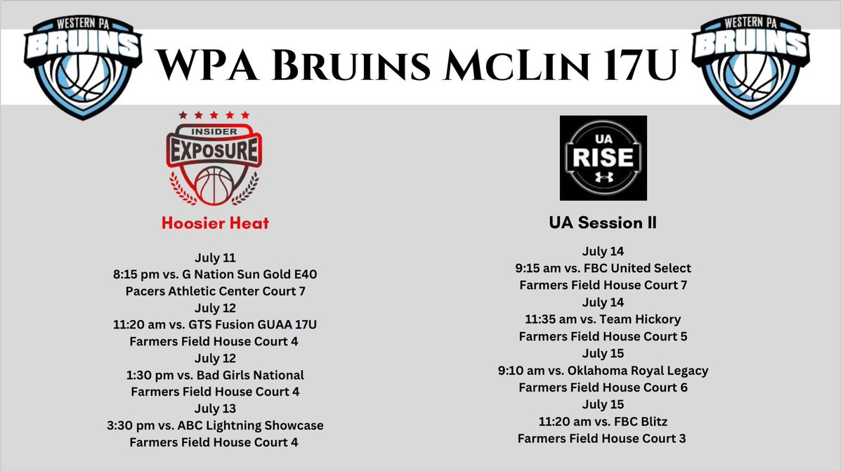 WPA Bruins 2025 UA Rise McLin (@wpabruinsmclin) on Twitter photo Our team will be participating in the following two tournaments from July 11-15. Coaches come check us out!!
<a href="/WPABruinsAAU/">WPABruinsAAU</a> @PittGBball Our team will be participating in the following two tournaments from July 11-15. Coaches come check us out!!
<a href="/WPABruinsAAU/">WPABruinsAAU</a> @PittGBball