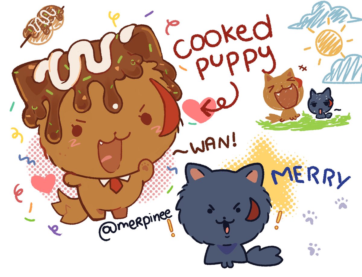 Merpinee_'s tweet photo. #Merryart
I was super hungry and doodled  merry but if he were a tasty takoyaki and how i actually see merry, a small happy dog with a large head 💖🐶 https://t.co/PECe5Z09MG