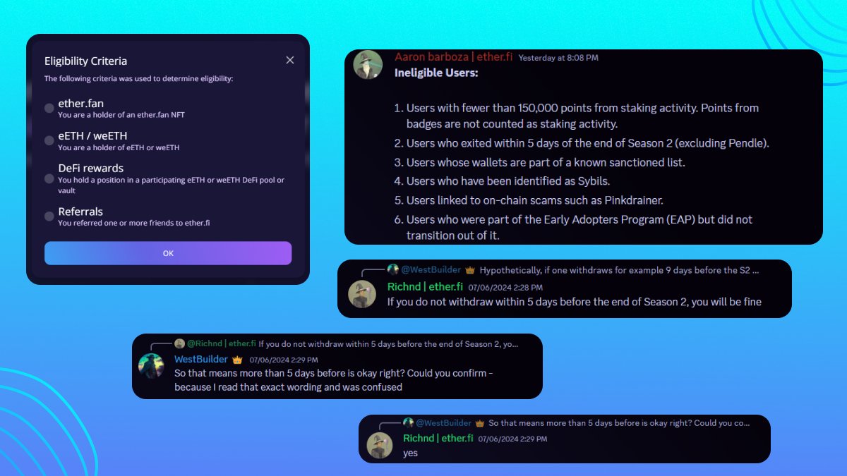 officialbitbyte's tweet photo. ✨ #Etherfi Season 2 Checker Is Live - Claiming On 12th July🪂

🔗Checker: https://t.co/12nh5d6CFf
🔗Join for S3: https://t.co/h2HYFj9uLg

TL;DR
→ Claiming date is 12th July 2024
→ Required min of 150k points from staking activity excluding badges
→ Answer questions to prove yourself as not a sybil before 10th July ( FCFS 30K Users)
→ Submit details via google form if anything's incorrect about checker/eligibility: https://t.co/DPnckBXxY4

Comment your $ETHFI airdrop allocation from Season2 👇