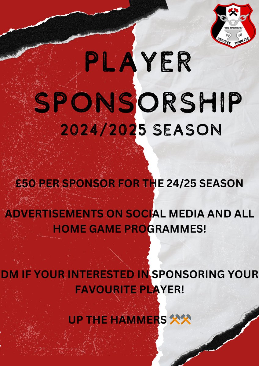 ⚫️🔴 Player Sponsorship 🔴⚫️

Is now open! 

If you want to support your favourite player this season and take advantage of some extra advertisement drop us a DM! 
⚒️⚒️
