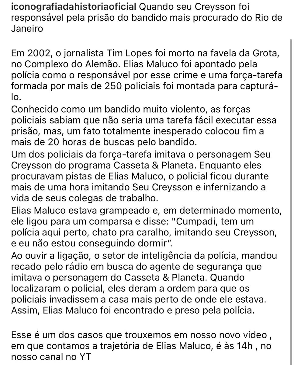 pedrocertezas's tweet photo. estou estarrecido com a informação de que o ELIAS MALUCO só foi preso por causa do personagem SEU CREYSSON do casseta e planeta

HAHAHAHAHAHAHAHAHAHAHAHAHHAHAAHAHAHAH INCRÍVEL

Vi pelo @IconografiaDH https://t.co/hnB8wQZZF0