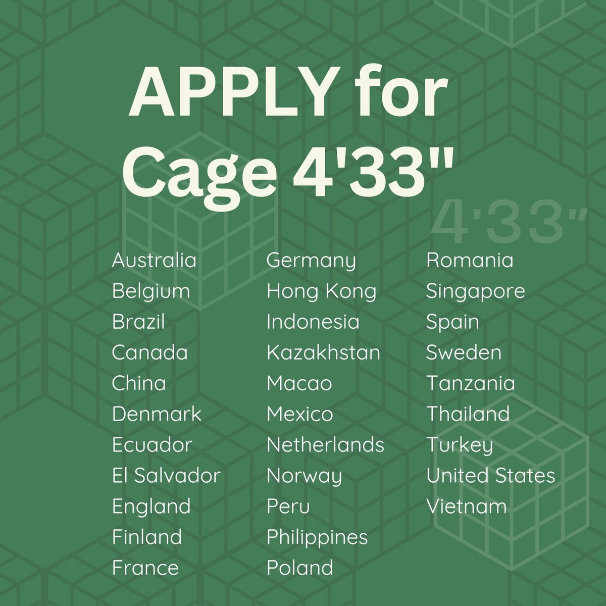 2setSymphony's tweet photo. Is your country represented? 👀

We're looking for 433 people to perform Cage's 4'33". All instruments and vocalists welcome. Invite your musician friends to join!

https://t.co/0oEchGqPEK https://t.co/Kpx5TXln8u