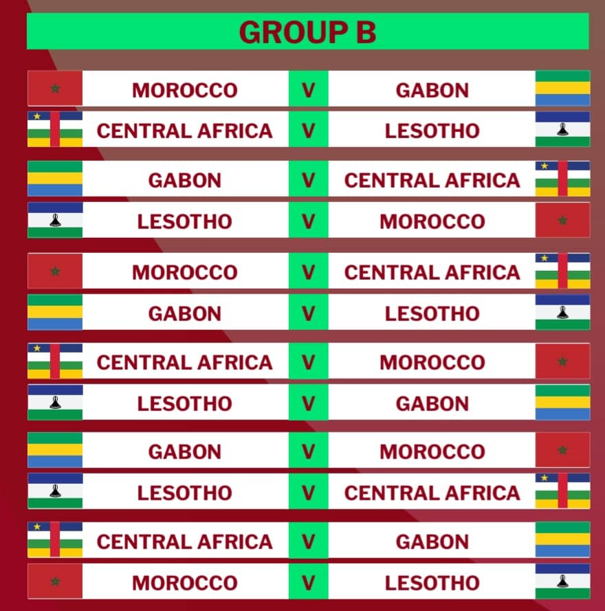 #ÉliminatoiresCAN2025

CALENDRIER DES MATCHS DU GROUPE B 

- 1ère et 2è journées: du 02 au 10 septembre 2024. 

- 3è et 4è journées: du 07 au 15 octobre 2024. 

- 5e et 6e journées: du 11 au 19 novembre 2024.
#CAN2025 
#TousDerrièreLesPanthères 
#LeGabonQuiGagne 
#ONDSC