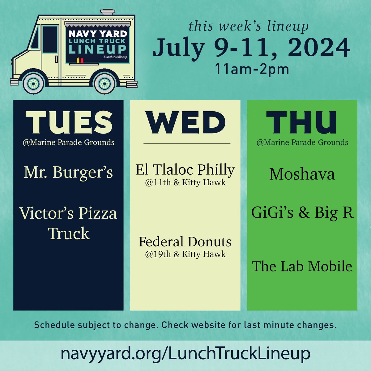 NavyYardPhila's tweet image. We have a packed #lunchtrucklineup this week! Check it out!

Tues - Mr. Burgers and Victor's Pizza Truck
Wed - El Tlaloc Philly and @FederalDonuts 
Thurs - Moshava, GiGi's and Big R, and The Lab Mobile

navyyard.org/lunchtruckline…

#navyyardeats #discovertheyard #navyyardphilly