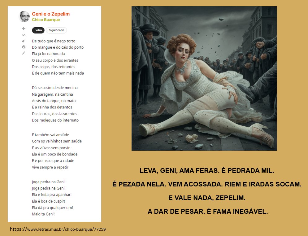 gilbertohira's tweet photo. #desafiopalindromo165

Tema: Chico Buarque

LEVA, GENI, AMA FERAS. É PEDRADA MIL. É PEZADA NELA. VEM ACOSSADA. RIEM E IRADAS SOCAM. E VALE NADA, ZEPELIM. A DAR DE PESAR. É FAMA INEGÁVEL.

#palindromo https://t.co/h08FHFEn89