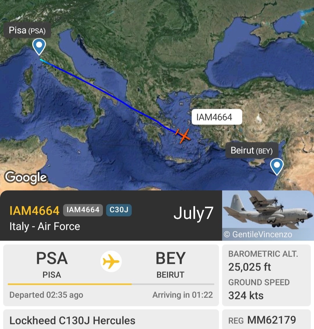 LebanonJets's tweet photo. Video Military: #Italy Air Force C130J #MM62179 382-5504 hex #33FFF1 arriving from #Pisa to #Beirut as #IAM4664 expected to spend almost 2 hours & head back https://t.co/spTCCqlu5S