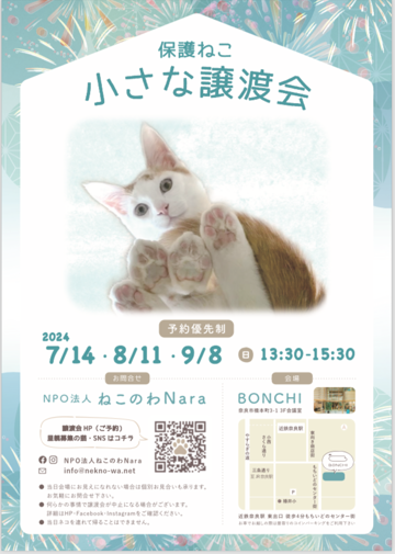 7月14日は譲渡会です。
ご案内は下記☟ページをご覧ください
nekonowa-nara-1.jimdosite.com