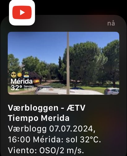 Værblogg 07.07.2024, 16:00 Mérida: sol 32°C. Viento: OSO/2 m/s. youtu.be/50JUkHJGddI?si…