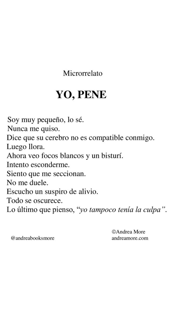andreabooksmore's tweet photo. YO, PENE - Microrrelato - Andrea More 
#lamuerte #microrrelato #escritora #andreamore
#relatocorto #cuentocorto #piensa #relatoscortos https://t.co/53HSlD9j66
