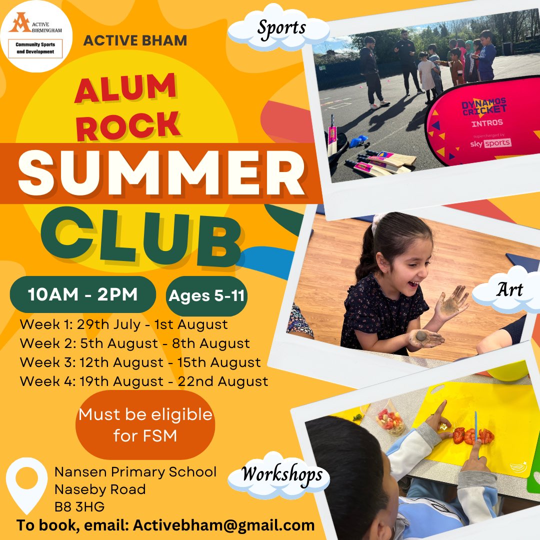 Active Birmingham (@activebham1) on Twitter photo Our summer club returns at <a href="/NansenSchool/">Nansen Primary School</a>. Free for children eligible for FSM!
A fun filled 4 weeks ahead with a variety of activities and workshops in a safe environment 😊
<a href="/NansenSchool/">Nansen Primary School</a> <a href="/SladefieldInfSc/">Sladefield Infant</a> <a href="/Thornton0wls/">Thornton School</a> <a href="/washwoodheath/">Washwood Heath Academy: All Through School</a> @hifieldji <a href="/WardEndPrimary/">Ward End Primary</a> <a href="/ShawHillPrim/">ShawHill</a> Our summer club returns at <a href="/NansenSchool/">Nansen Primary School</a>. Free for children eligible for FSM!
A fun filled 4 weeks ahead with a variety of activities and workshops in a safe environment 😊
<a href="/NansenSchool/">Nansen Primary School</a> <a href="/SladefieldInfSc/">Sladefield Infant</a> <a href="/Thornton0wls/">Thornton School</a> <a href="/washwoodheath/">Washwood Heath Academy: All Through School</a> @hifieldji <a href="/WardEndPrimary/">Ward End Primary</a> <a href="/ShawHillPrim/">ShawHill</a>