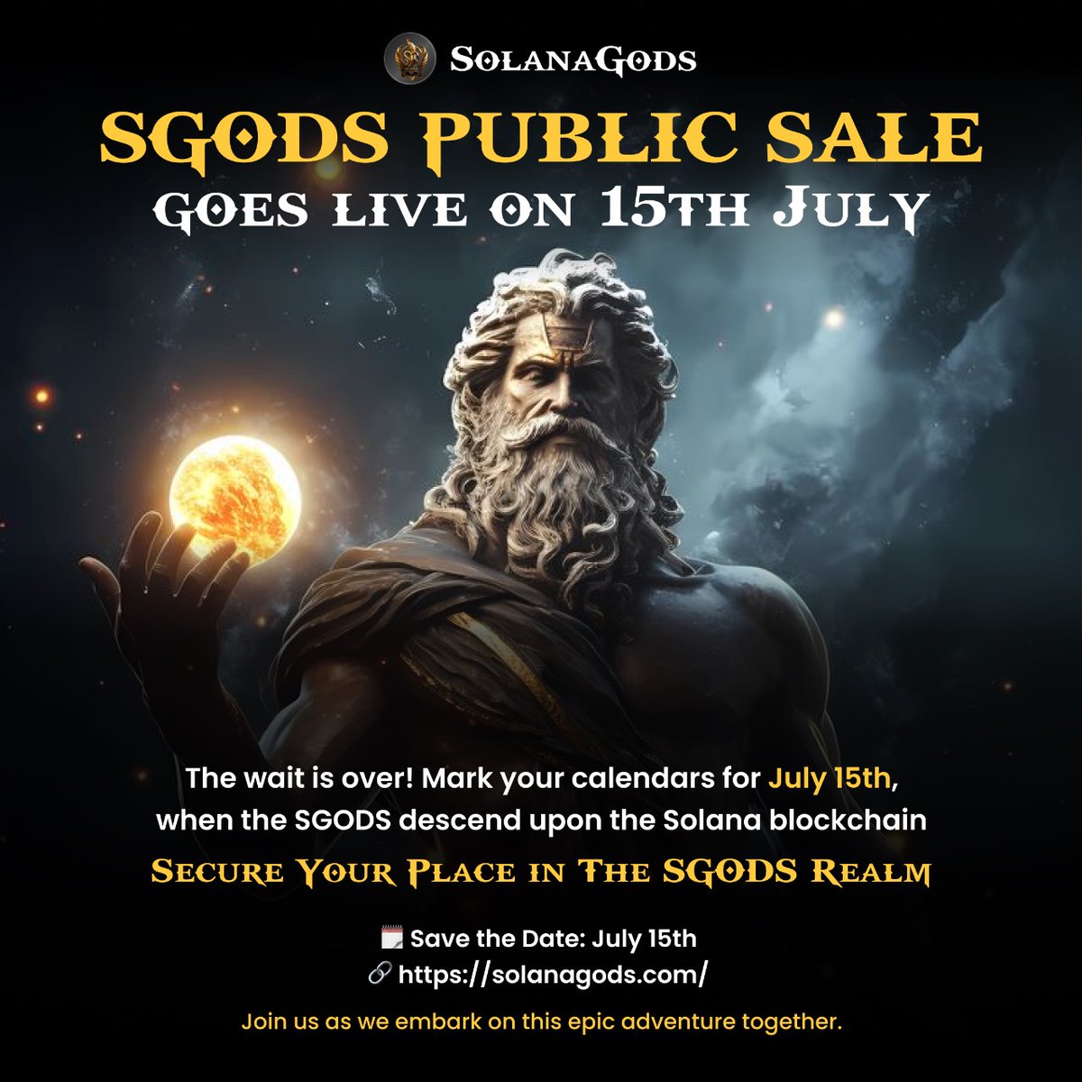 Save the date - 15th July, Get ready to claim your spot in the Solana Gods public sale 🚀 

#sgods #memetoken #cryptomemes #funnyfinance #solanagods #bitcoin #cryptonews #cryptotrading #crypto #bitcoinvalue #binance