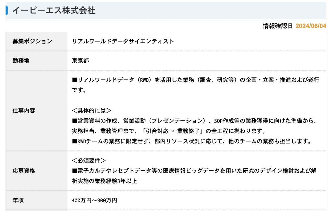 リアルワールドデータ専門職の求人。やはり製薬に比べるとCROの年収相場は数百万円ダウン。しかし大手製薬のRWDポジがほぼ埋まっていることを考えると、この年収でもアプライあるか。個人的にはこの人材なら外コンや日系大手（NTTとか）のRWDポジを推奨したい。  引用元 ...