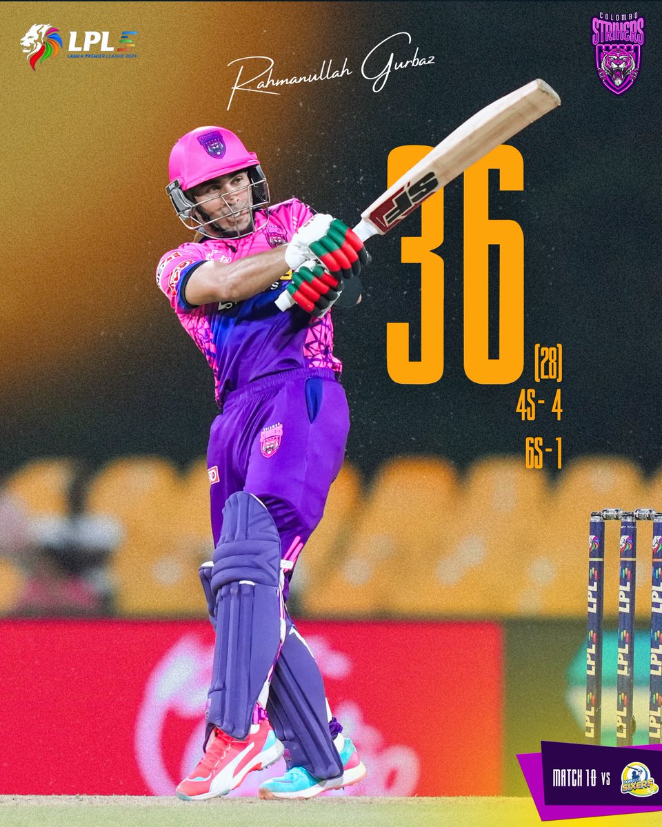 ColomboStrikers's tweet photo. Jaani with an electrifying innings! 💜⚡@RGurbaz_21 

#ColomboStrikers #LPL #StrikeToConquer #TheBasnahiraBoys #HouseOfTigers #Lankapremierleague #CSvsDS #RamanullahGurbaz https://t.co/eg9feXLIJv