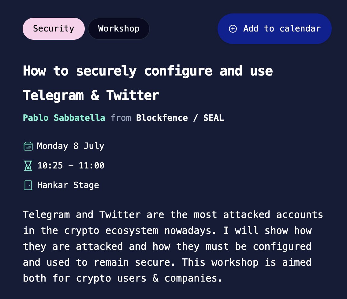 🔐Tomorrow at 10:25 am, I'll be giving a Workshop at EthCC on having a highly sophisticated OpSec: I'll cover secure email accounts, 2fa, mobile numbers, and password strategy. This converges on how to configure and use Twitter and Telegram securely. Believe me, ALL of you are