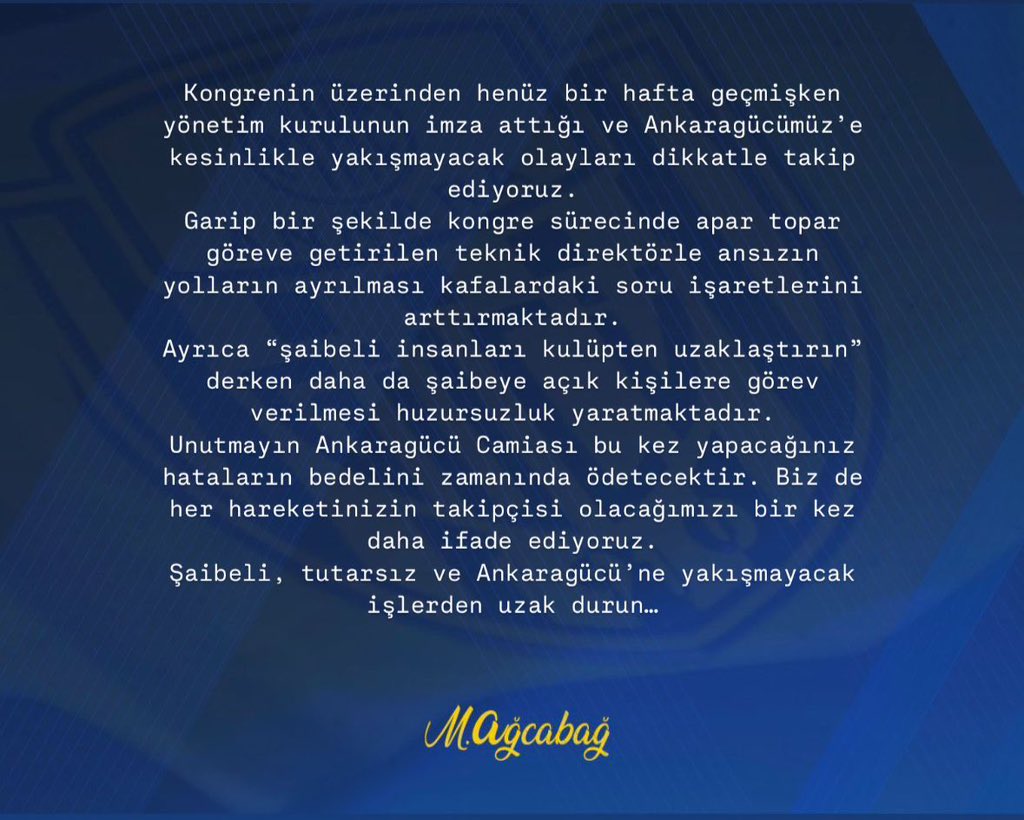 Kongrenin üzerinden henüz bir hafta geçmişken yönetim kurulunun imza attığı ve Ankaragücümüz’e kesinlikle yakışmayacak olayları dikkatle takip ediyoruz. 
Garip bir şekilde kongre sürecinde apar topar göreve getirilen teknik direktörle ansızın yolların ayrılması kafalardaki soru