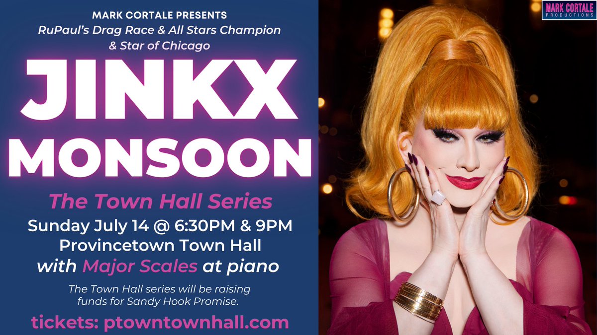 Let the Bear Week festivities in Provincetown begin! 
Don’t miss <a href="/JinkxMonsoon/">Jinkx Monsoon is Mary Todd</a> at the Provincetown Town Hall one week from tonight!  🎶When You’re Good to Jinkxy, Jinkx is good to you — and others! The Town Hall Series is raising funds for <a href="/sandyhook/">Sandy Hook Promise</a> tix: ptowntownhall.com